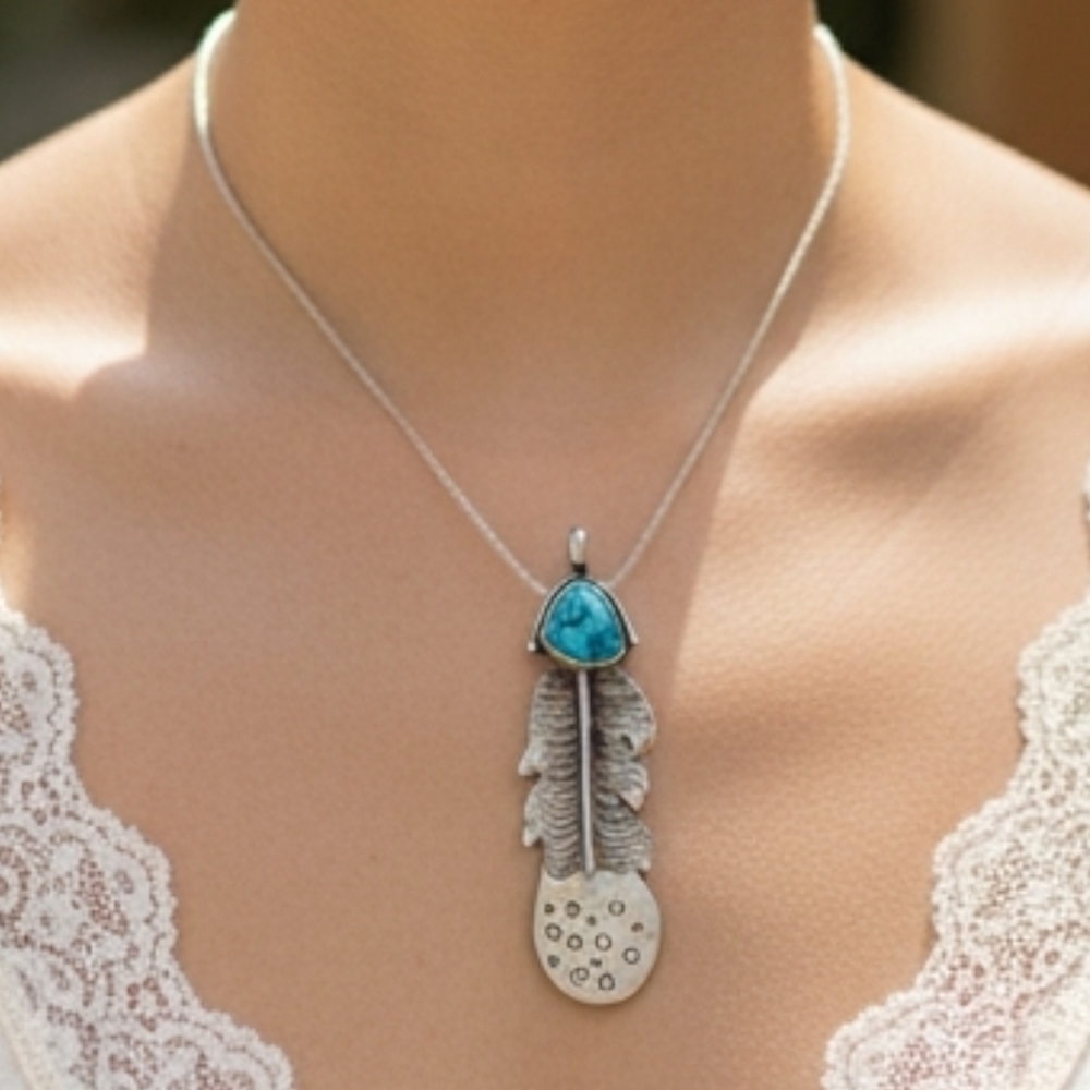 ✨️OOAK! John and Evelyn Chavez Turqouse Eagle Feather Pendant From NM
